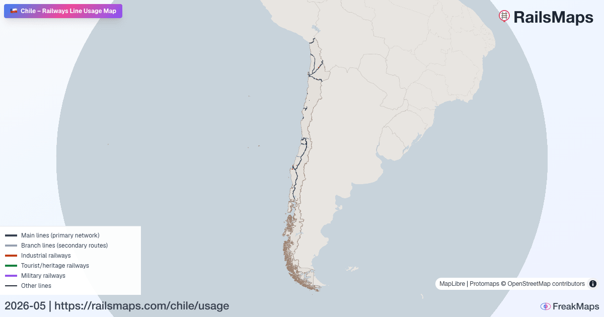 Chile Railway Usage Map — Passenger, Freight & Heritage Lines | RailsMaps