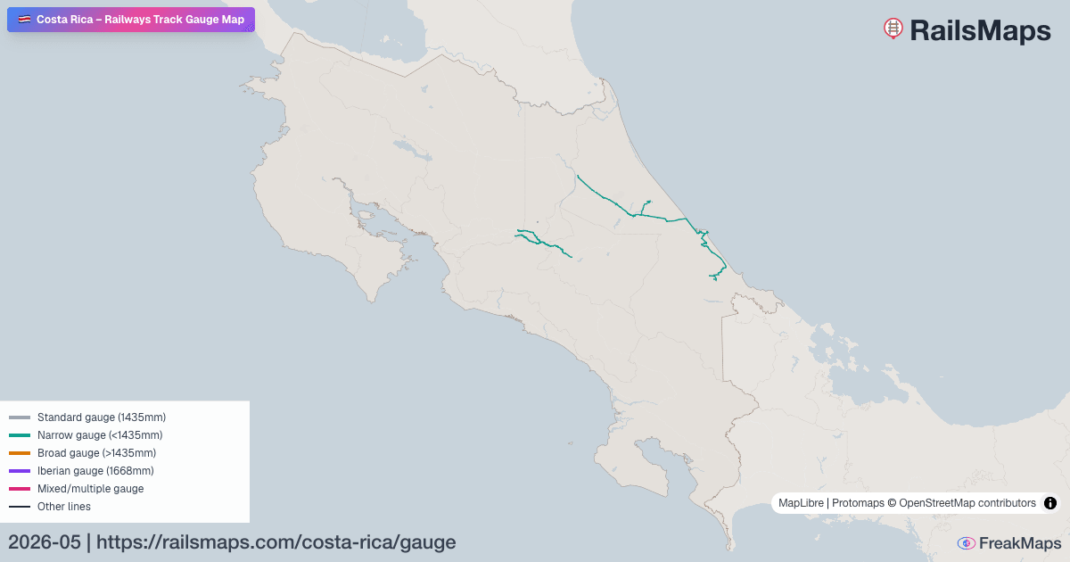 Costa Rica Railway Track Gauge Map — Standard, Broad & Narrow Gauge ...