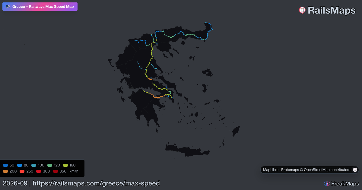 Greece Railway Speed Map — Maximum Train Speeds | RailsMaps