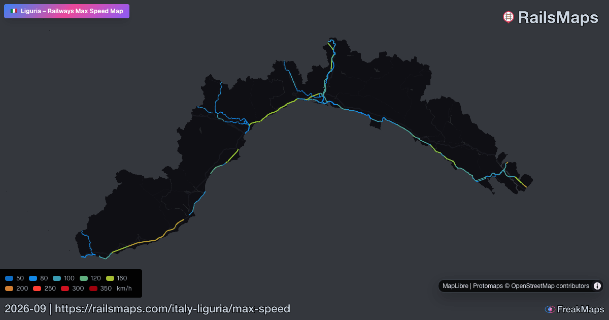 Liguria Railway Speed Map — Maximum Train Speeds | RailsMaps