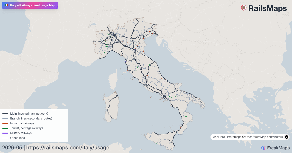 Italy Railway Usage Map — Passenger, Freight & Heritage Lines | RailsMaps