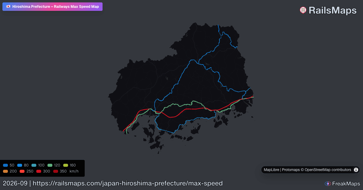 Hiroshima Prefecture Railway Speed Map — Maximum Train Speeds | RailsMaps