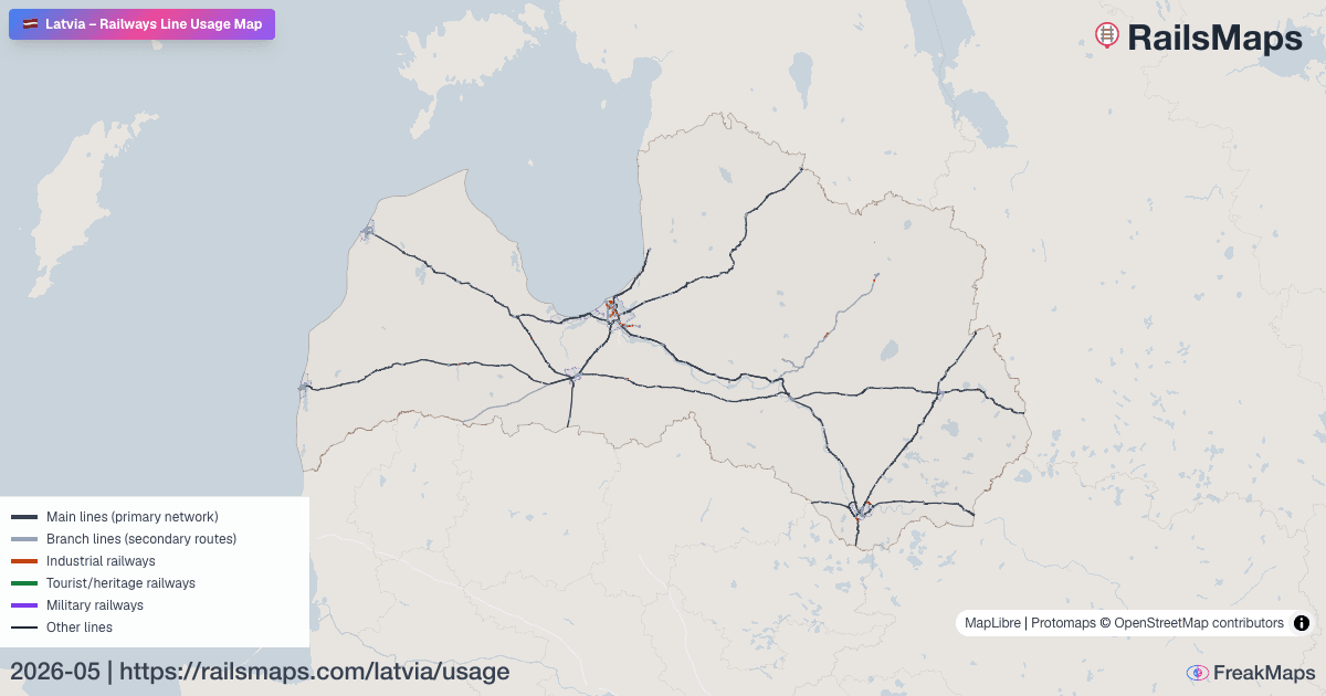 Latvia Railway Usage Map — Passenger, Freight & Heritage Lines | RailsMaps