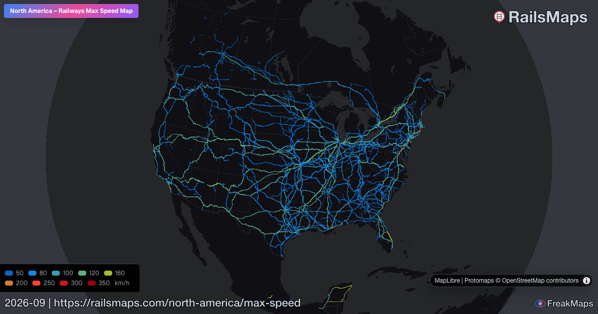 北美洲 - 铁路最高速度地图 | RailsMaps