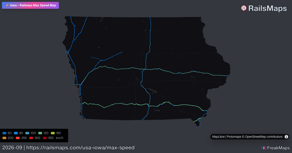 Iowa Railway Speed Map — Maximum Train Speeds | RailsMaps