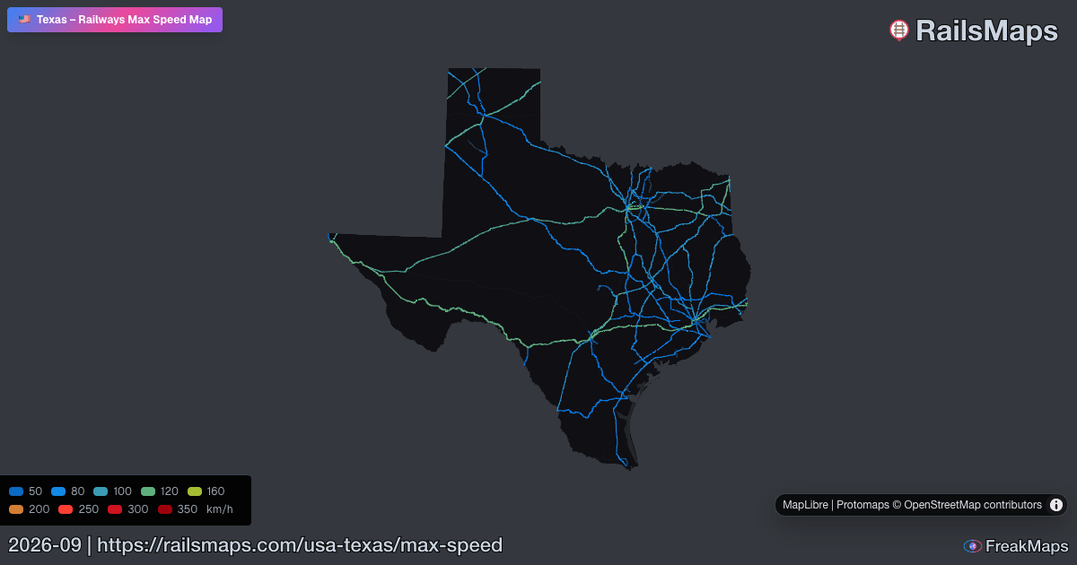 Max Line Speed Texas Railway Speed Map — Maximum Train Speeds | RailsMaps