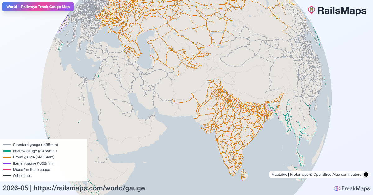 World Railway Track Gauge Map — Standard, Broad & Narrow Gauge | RailsMaps
