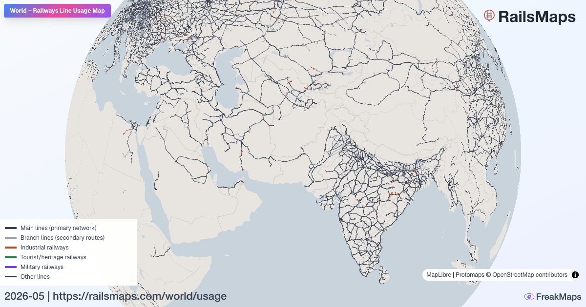 Map Clastering World Railway Usage Map — Passenger, Freight & Heritage Lines | RailsMaps